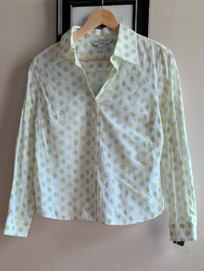 Bianca Nygard Petite Polka Dot Button-Up Blouse in Lime Green and White
